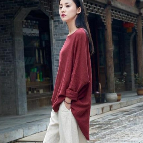 🆕⭐ Wine red oversized linen dolman top - Picture 2 of 4